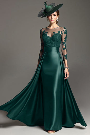 Navy Satin Long Sleeves Mother of the Bride Dress with Lace