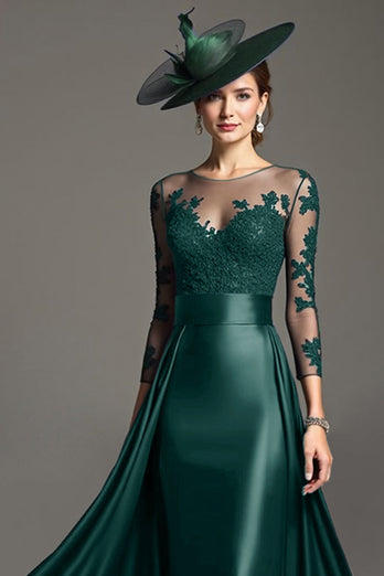 Navy Satin Long Sleeves Mother of the Bride Dress with Lace
