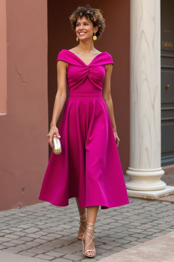 Fuchsia Satin A Line V-Neck Ruched Midi Mother of the Bride Dress