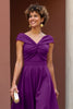 Load image into Gallery viewer, Fuchsia Satin A Line V-Neck Ruched Midi Mother of the Bride Dress