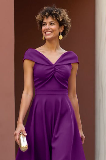 Fuchsia Satin A Line V-Neck Ruched Midi Mother of the Bride Dress
