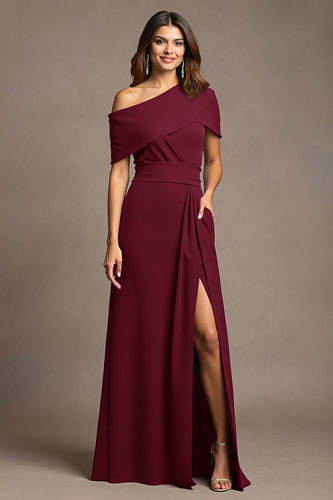 Burgundy Satin Long Sheath Mother of the Bride Dress with Slit