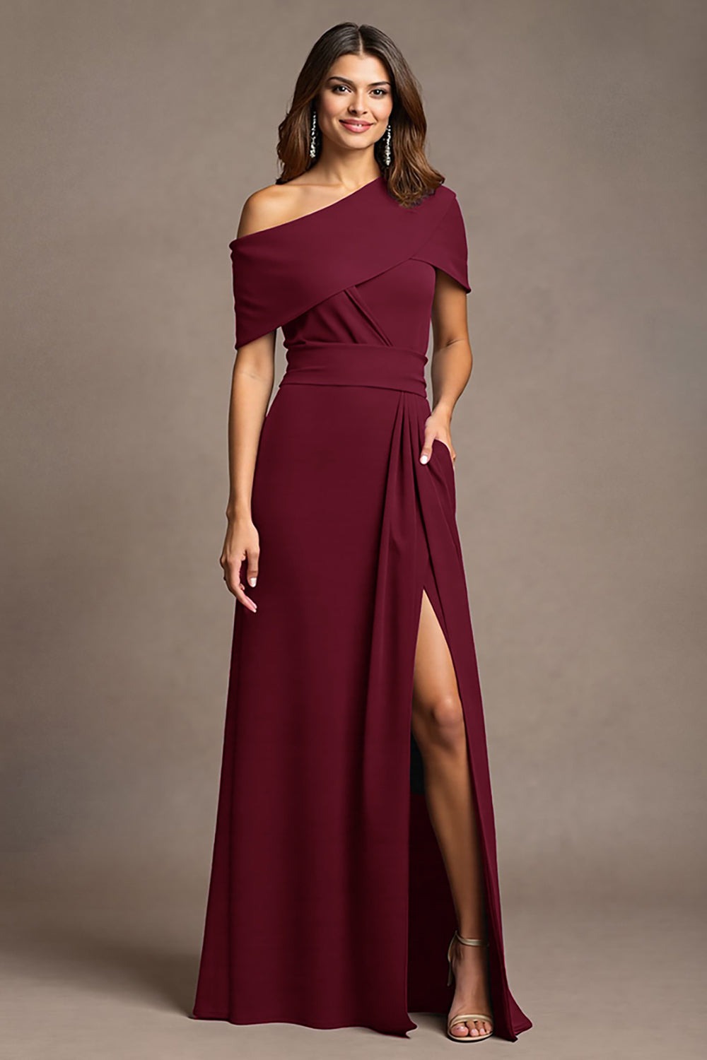 Burgundy Satin Long Sheath Mother of the Bride Dress with Slit