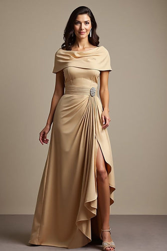 Champagne A Line Satin Long Ruffled Mother of the Bride Dress with Slit
