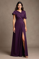 Load image into Gallery viewer, Grape Asymmetrical Neck Long Satin Mother of the Bride Dress with Slit
