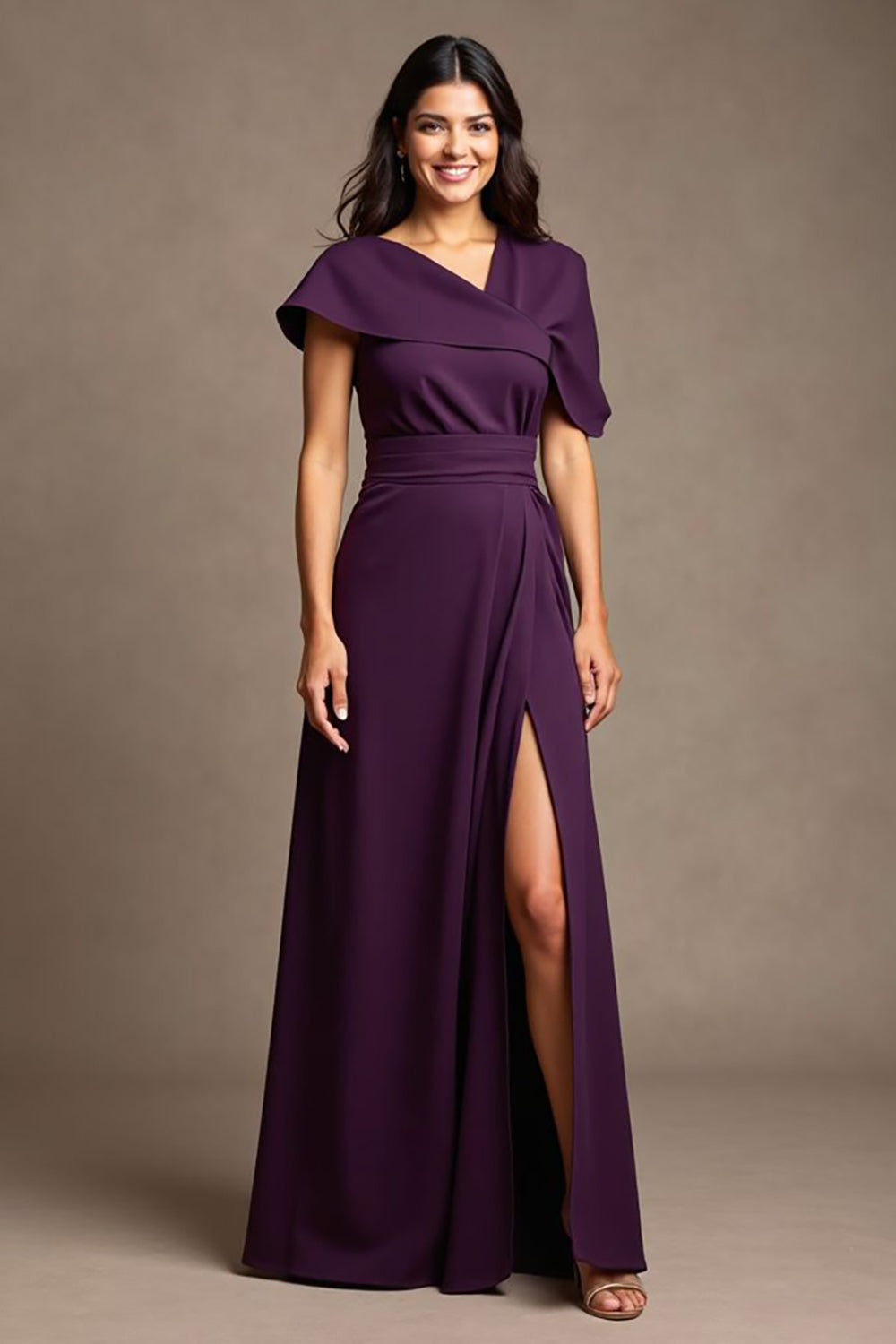 Grape Asymmetrical Neck Long Satin Mother of the Bride Dress with Slit