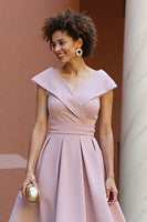 Load image into Gallery viewer, Fuchsia V-Neck A Line Satin Midi Mother of the Bride Dress