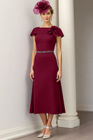 Load image into Gallery viewer, Burgundy A Line Midi Satin Mother of the Bride Dress with Ruffles