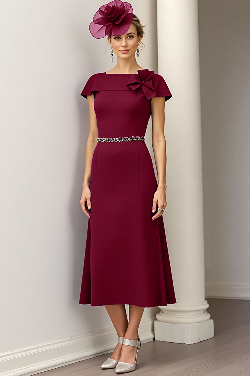Burgundy A Line Midi Satin Mother of the Bride Dress with Ruffles