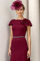 Load image into Gallery viewer, Burgundy A Line Midi Satin Mother of the Bride Dress with Ruffles