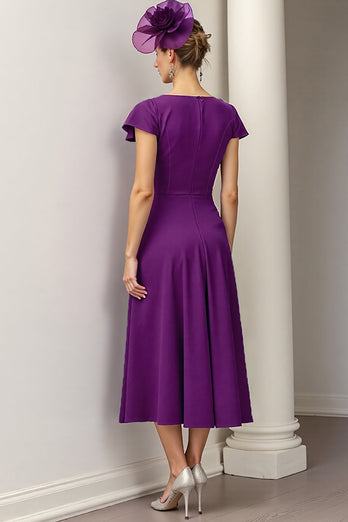 Burgundy A Line Midi Satin Mother of the Bride Dress with Ruffles