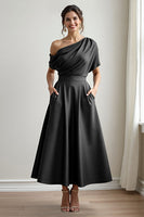 Load image into Gallery viewer, Navy Satin A Line One Shoulder Long Mother of the Bride Dress with Pockets
