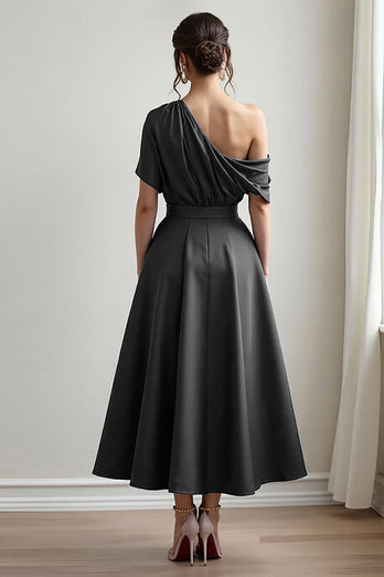 Navy Satin A Line One Shoulder Long Mother of the Bride Dress with Pockets