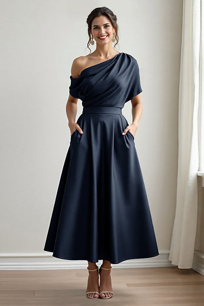 Navy A Line Long Satin Mother of the Bride Dress with Pockets