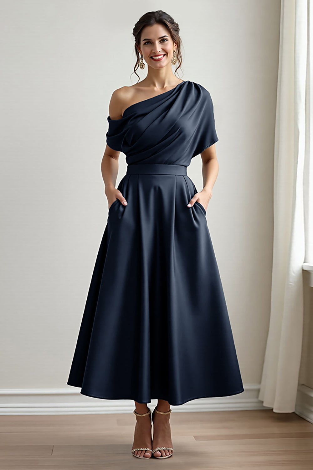 Queendancer Women Navy Satin Long Mother of the Bride Dress with Pockets A Line One Shoulder Ruched Wedding Guest Dress with Sleeves