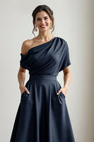Load image into Gallery viewer, Navy Satin A Line One Shoulder Long Mother of the Bride Dress with Pockets