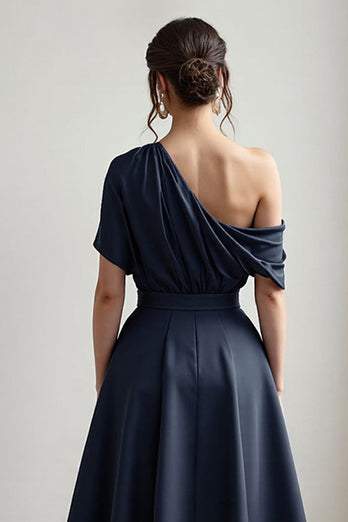 Navy Satin A Line One Shoulder Long Mother of the Bride Dress with Pockets