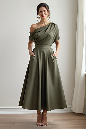 Navy Satin A Line One Shoulder Long Mother of the Bride Dress with Pockets
