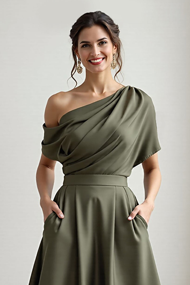 Load image into Gallery viewer, Navy Satin A Line One Shoulder Long Mother of the Bride Dress with Pockets