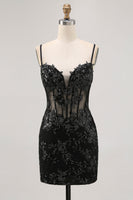 Load image into Gallery viewer, Black Sparkly Corset Spaghetti Straps Tight Short Homecoming Dress with Lace