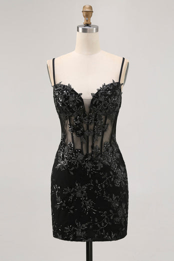 Black Sparkly Corset Spaghetti Straps Tight Short Homecoming Dress with Lace
