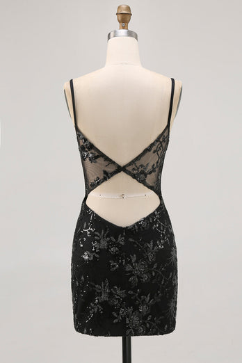 Black Sparkly Corset Spaghetti Straps Tight Short Homecoming Dress with Lace