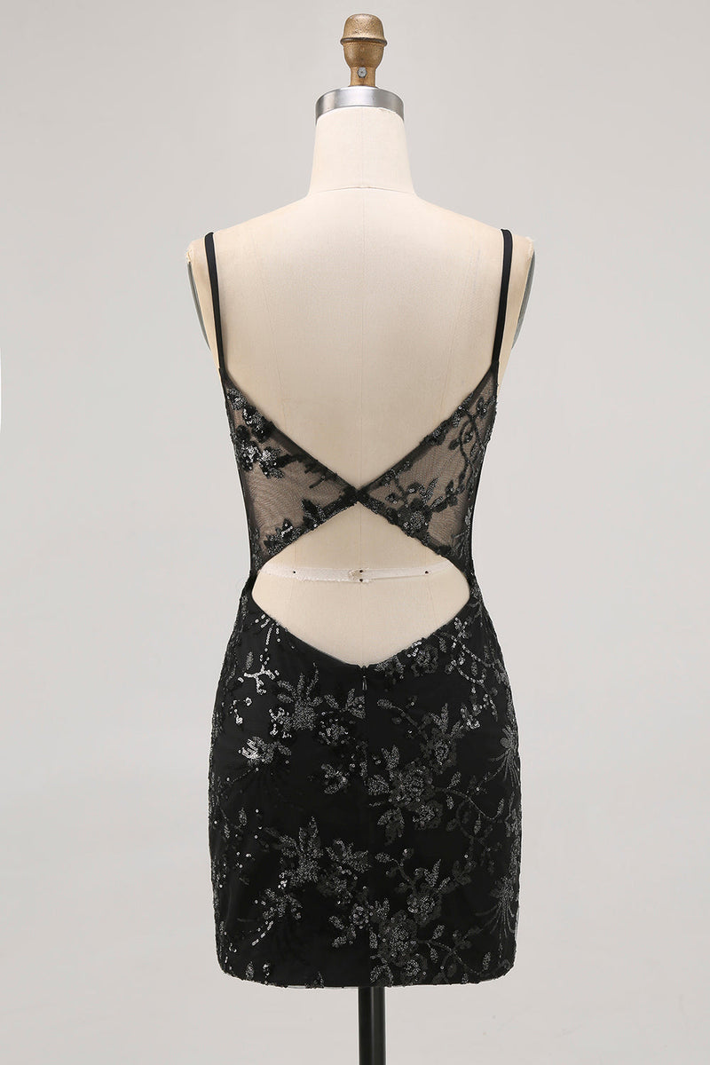 Load image into Gallery viewer, Black Sparkly Corset Spaghetti Straps Tight Short Homecoming Dress with Lace