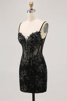 Load image into Gallery viewer, Black Sparkly Corset Spaghetti Straps Tight Short Homecoming Dress with Lace