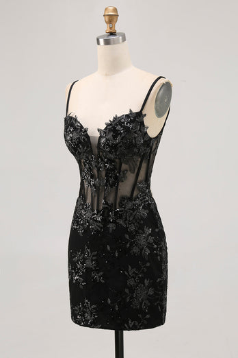 Black Sparkly Corset Spaghetti Straps Tight Short Homecoming Dress with Lace