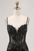 Load image into Gallery viewer, Black Sparkly Corset Spaghetti Straps Tight Short Homecoming Dress with Lace