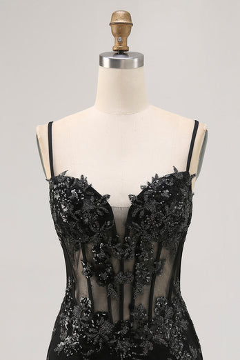 Black Sparkly Corset Spaghetti Straps Tight Short Homecoming Dress with Lace