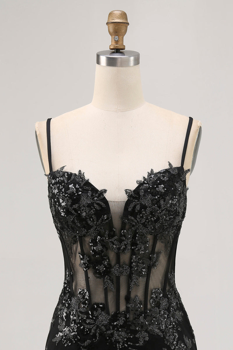 Load image into Gallery viewer, Black Sparkly Corset Spaghetti Straps Tight Short Homecoming Dress with Lace