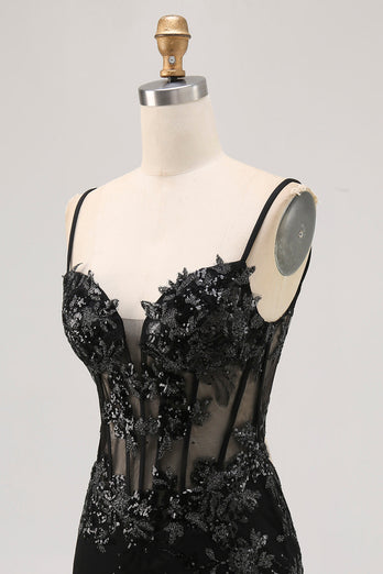 Black Sparkly Corset Spaghetti Straps Tight Short Homecoming Dress with Lace
