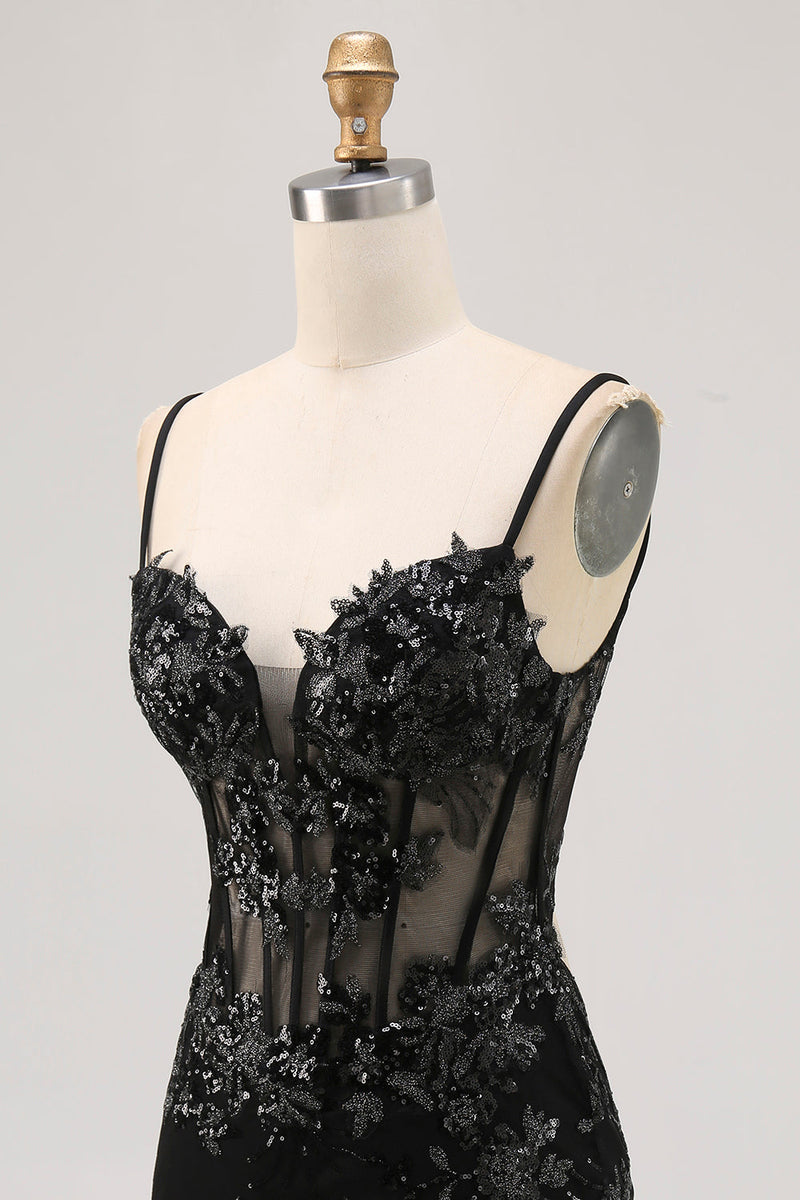 Load image into Gallery viewer, Black Sparkly Corset Spaghetti Straps Tight Short Homecoming Dress with Lace