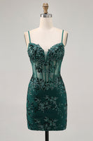 Load image into Gallery viewer, Sparkly Corset Dark Green Tight Short Homecoming Dress with Sequins