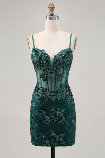 Sparkly Corset Dark Green Tight Short Homecoming Dress with Sequins