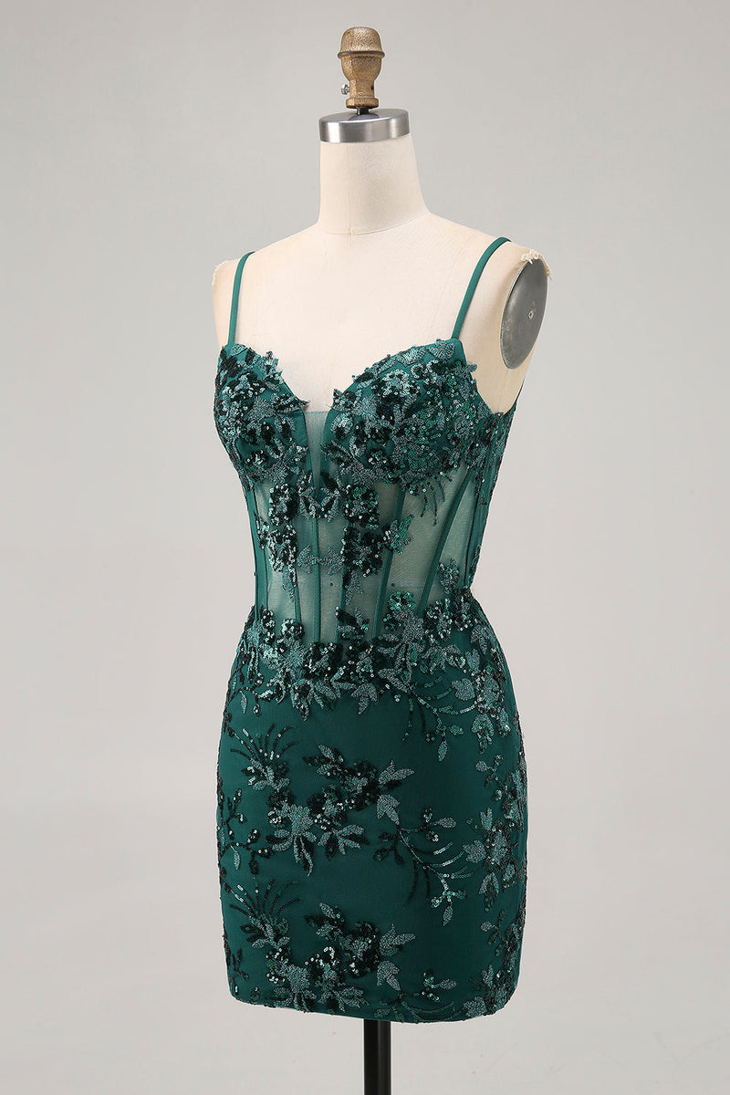 Load image into Gallery viewer, Sparkly Corset Dark Green Tight Short Homecoming Dress with Sequins