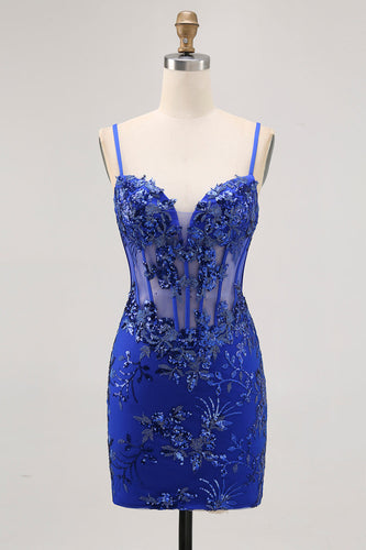 Sparkly Royal Blue Corset Tulle Tight Short Homecoming Dress with Lace