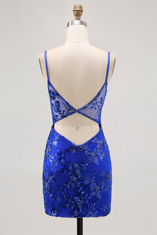 Sparkly Royal Blue Corset Tulle Tight Short Homecoming Dress with Lace