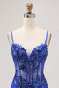 Load image into Gallery viewer, Black Sparkly Corset Spaghetti Straps Tight Short Homecoming Dress with Lace