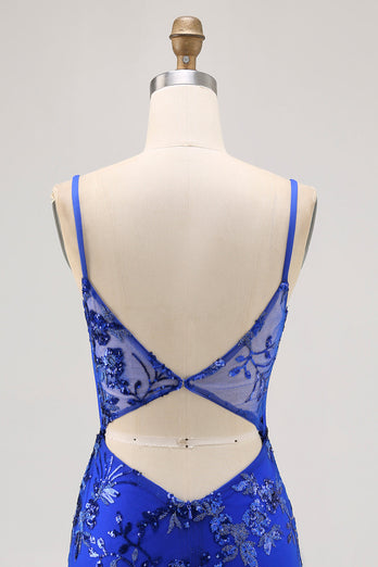 Sparkly Royal Blue Corset Tulle Tight Short Homecoming Dress with Lace