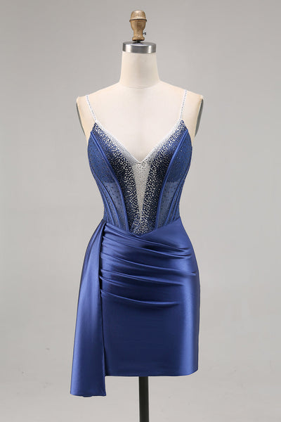 Sparkly Navy Satin Short Corset Homecoming Dress with Beading