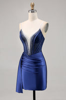 Load image into Gallery viewer, Sparkly Navy Satin Short Corset Homecoming Dress with Beading