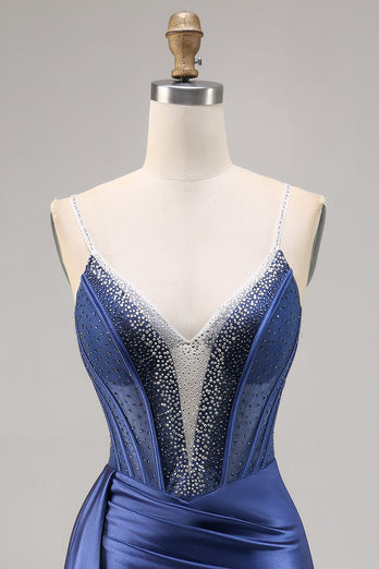 Sparkly Navy Satin Short Corset Homecoming Dress with Beading