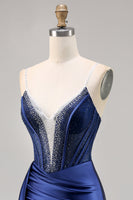 Load image into Gallery viewer, Sparkly Navy Satin Short Corset Homecoming Dress with Beading