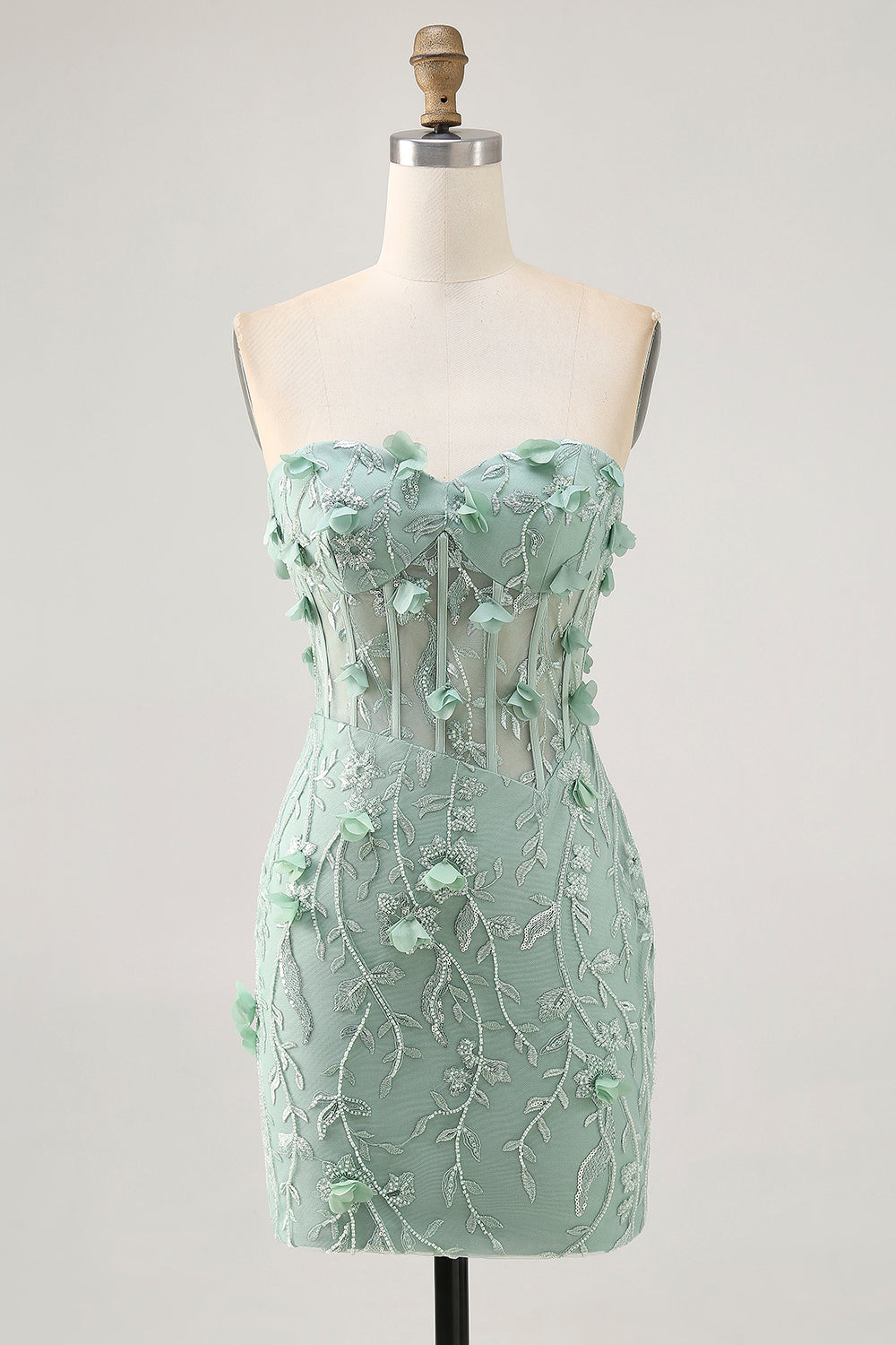 Sparkly Sweetheart Corset Tight Short Sage Floral Homecoming Dress with Beading