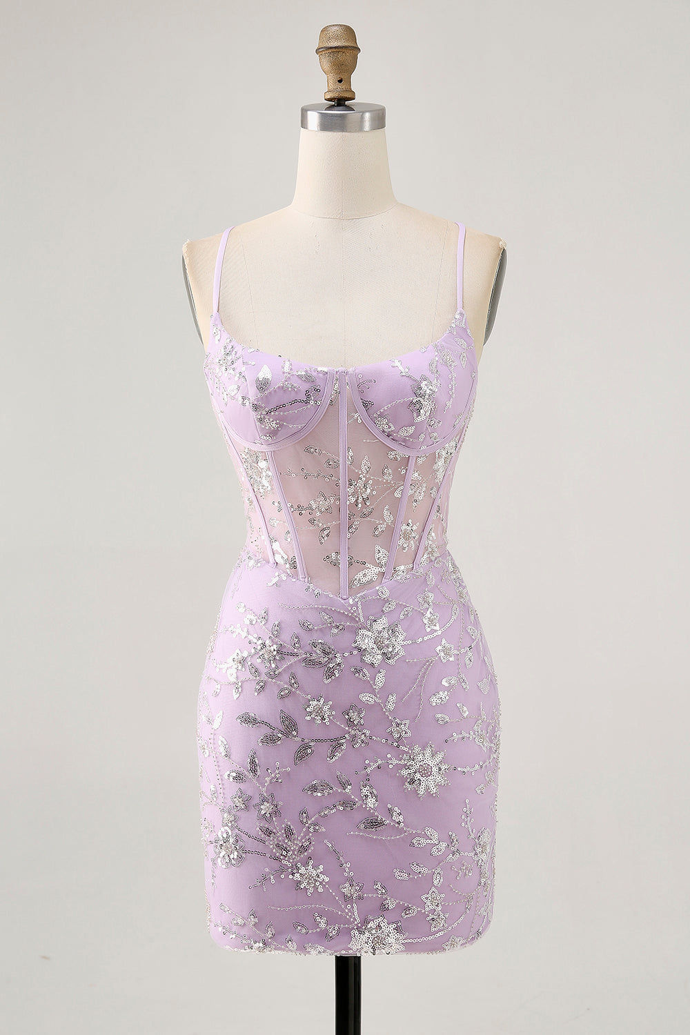 Sparkly Short Lilac Floral Tight Corset Homecoming Dress with Sequins