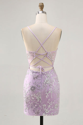 Sparkly Short Lilac Floral Tight Corset Homecoming Dress with Sequins