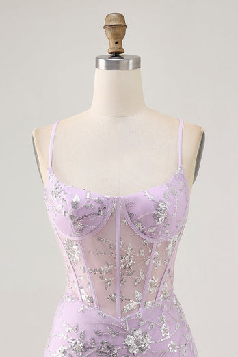 Sparkly Short Lilac Floral Tight Corset Homecoming Dress with Sequins