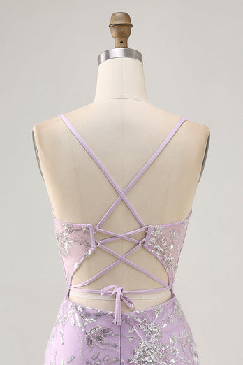 Sparkly Short Lilac Floral Tight Corset Homecoming Dress with Sequins